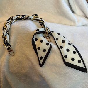 Unique Bargains Women's Black Polka Dot Silk Scarf with Chain Strap